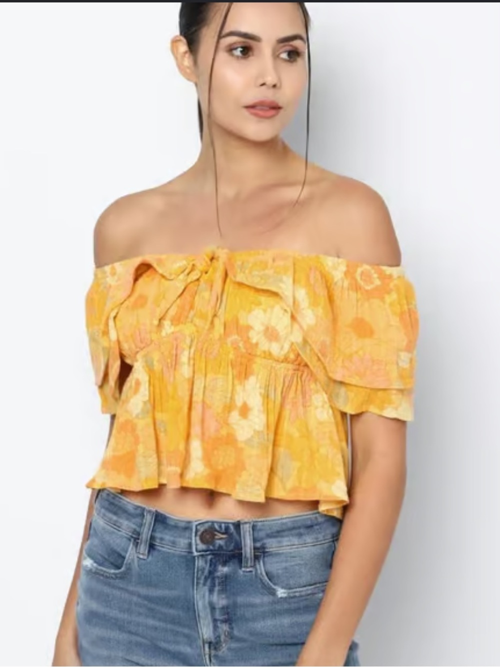American Eagle Outfitters Yellow Floral Off-Shoulder Crop Blouse